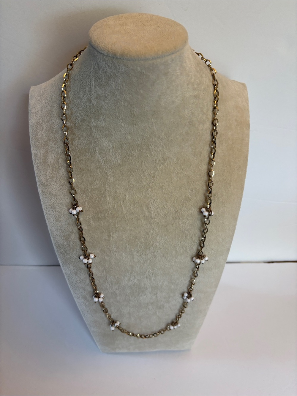 Gold Tone Station Necklace White Bead Cluster Layering Necklace 28"